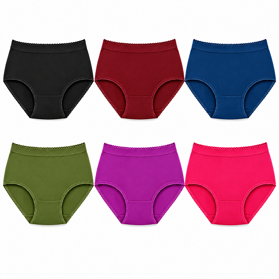 Women’s 100% Combed Cotton Panties Pack of 6 | Plain Full Coverage Briefs | Soft & Breathable Cotton Underwear | Stretchable Outer Elastic Waistband | Assorted Colours