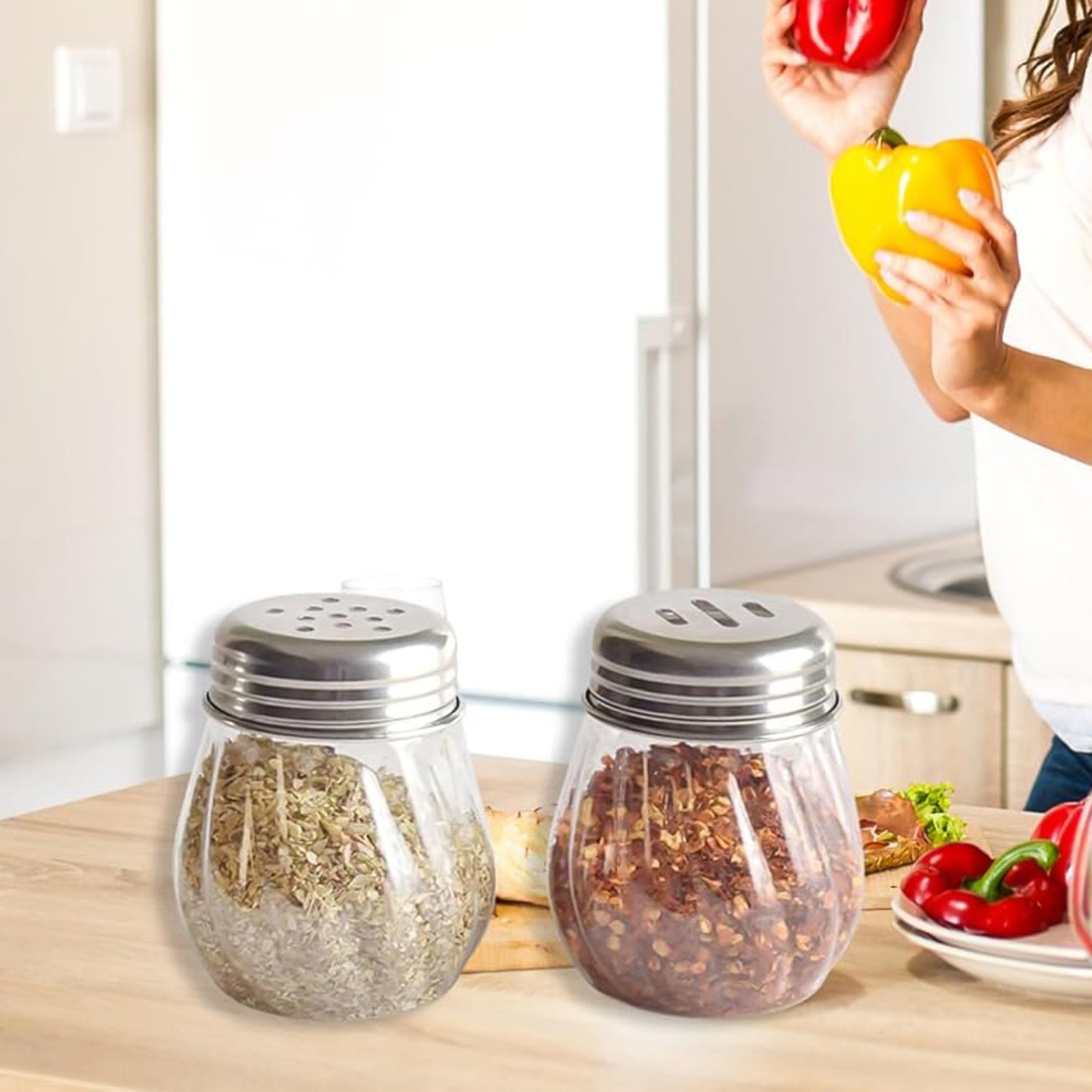 Apex Oregano & Chilli Flakes Dispenser Set – 2 Pcs Plastic Spice Shaker with Stainless Steel Lid