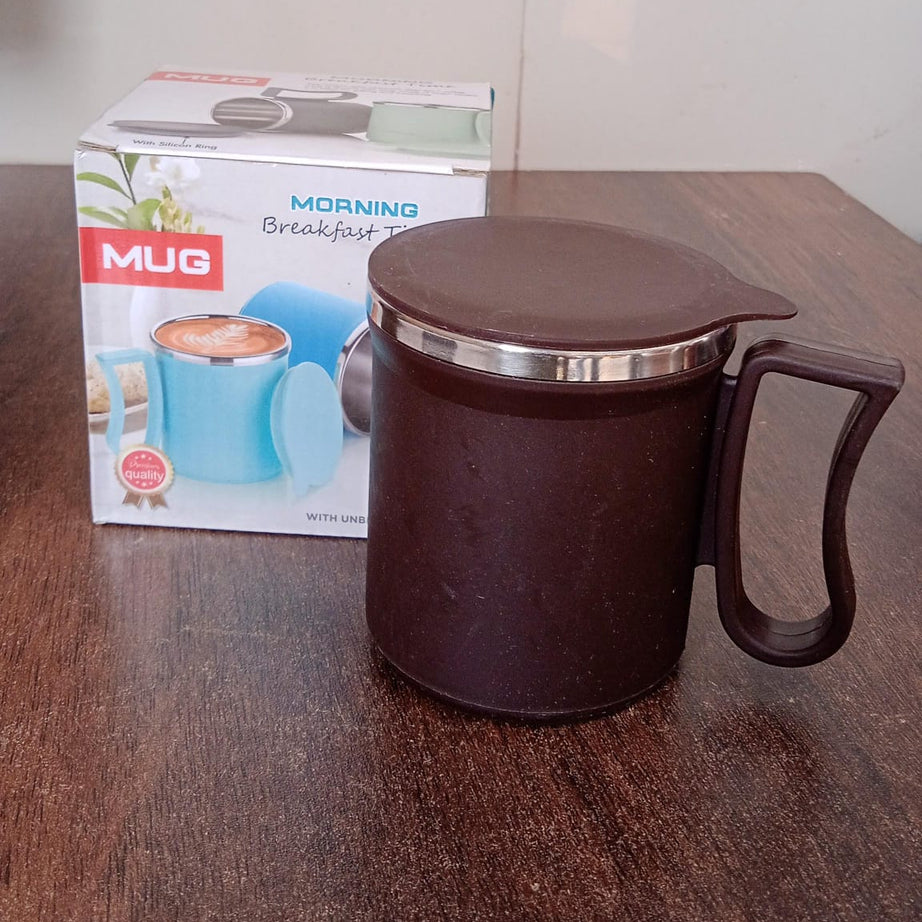 Coffee Mug with Lid and Handle-Plastic Covered Stainless Steel Mug (Random Color, Approx 200 ML)