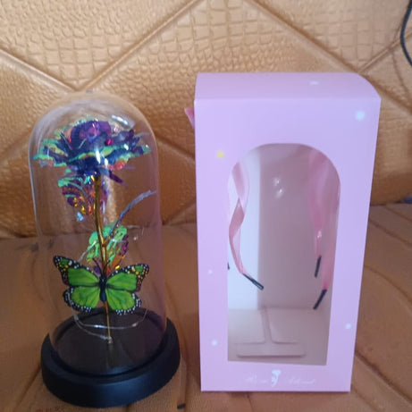 LED Preserved Rose with Colorful Butterfly in Plastic Dome (1 Pc & Mix Color)