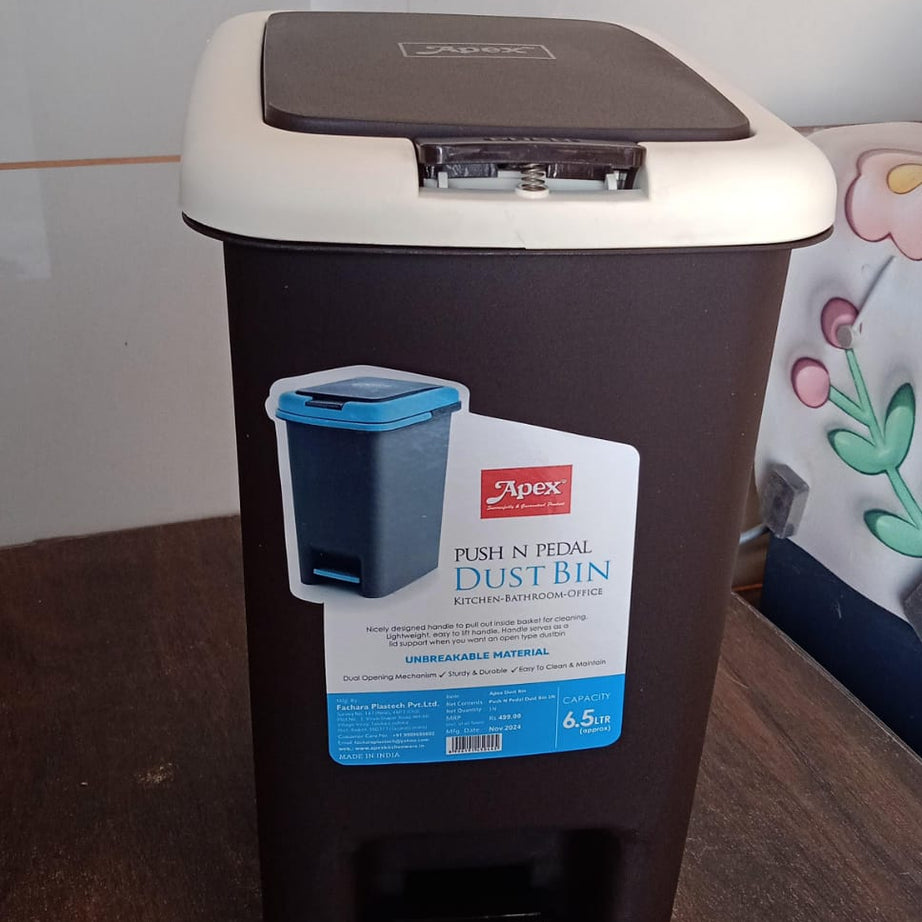 Apex Plastic Push N Pedal Dust Bin | Hands-Free Operation, Compact Design 6.5 Liters (1 Pc / Mix Color)