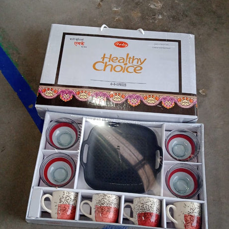 Healthy Choice Set Of 4pc Ceramic Cup And 4pc Glass Bowl With Plastic Plate (9 Pcs Set)