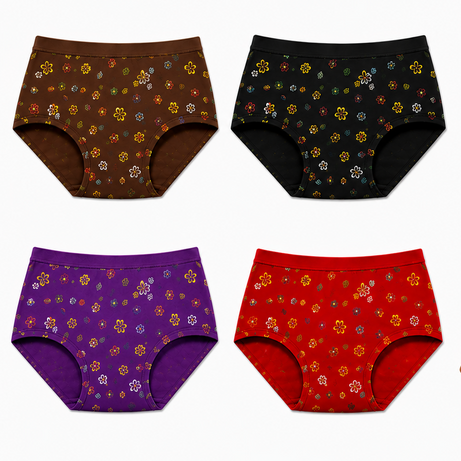 Four pairs of women's high-waisted briefs are shown on the left, in brown, black, purple, and red with small multicolor floral prints. On the right, a woman models the red pair with the bralette underneath against a plain white background.