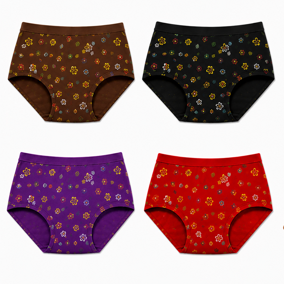 Four pairs of women's high-waisted briefs are shown on the left, in brown, black, purple, and red with small multicolor floral prints. On the right, a woman models the red pair with the bralette underneath against a plain white background.