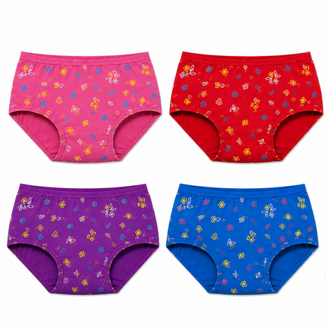 Four pairs of women's high-waisted briefs in pink, red, purple, and blue, each with a small multicolor floral and butterfly print, shown next to a model wearing a beige bra and the pink pair.