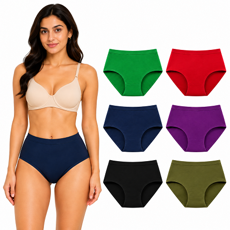 Women’s 100% Combed Cotton Panties Pack of 6 | Plain Full Coverage Briefs | Soft, Breathable & Comfortable | Stretchable Waistband | Women Innerwear | Cotton Panties for Women