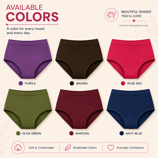 Women’s 100% Combed Cotton Panties Pack of 6 | Plain Full Coverage Briefs | Soft & Breathable Cotton Underwear | Stretchable Outer Elastic Waistband | Assorted Colours