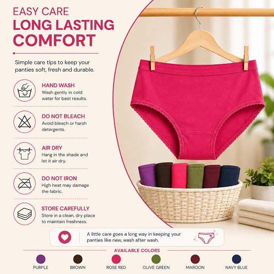 Women’s 100% Combed Cotton Panties Pack of 6 | Plain Full Coverage Briefs | Soft & Breathable Cotton Underwear | Stretchable Outer Elastic Waistband | Assorted Colours