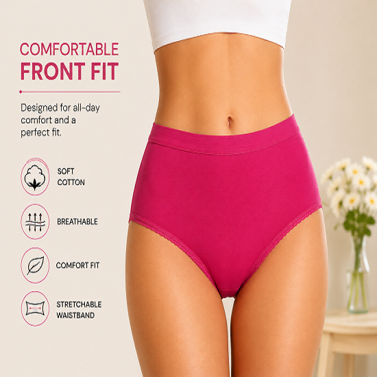 Women’s 100% Combed Cotton Panties Pack of 6 | Plain Full Coverage Briefs | Soft & Breathable Cotton Underwear | Stretchable Outer Elastic Waistband | Assorted Colours