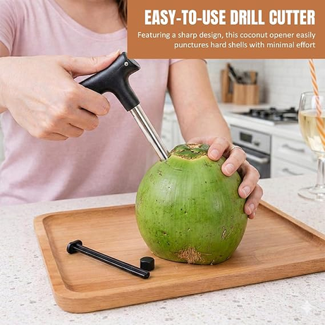 Stainless Steel Coconut Opener 1 Pc – Quick & Easy Cracking Tool with Drill Cutter, Cleaning Stick, Effortless Fresh Water Extraction Kit, Durable Professional Hole Maker & Tap Cleaner