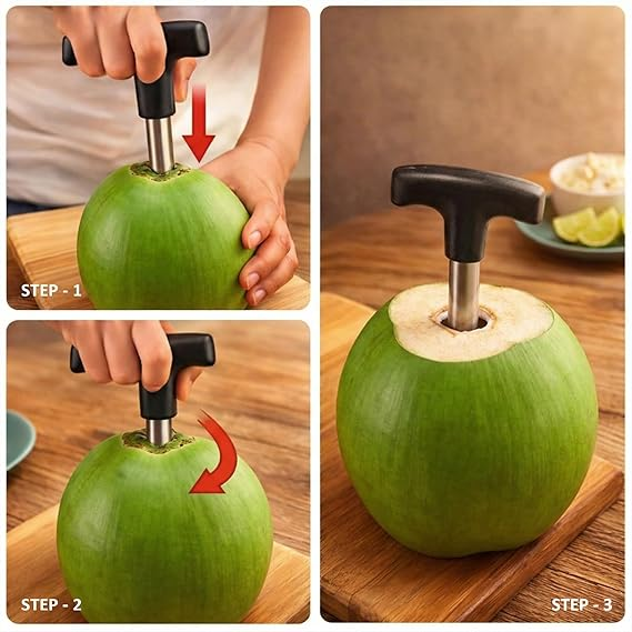 Stainless Steel Coconut Opener 1 Pc – Quick & Easy Cracking Tool with Drill Cutter, Cleaning Stick, Effortless Fresh Water Extraction Kit, Durable Professional Hole Maker & Tap Cleaner